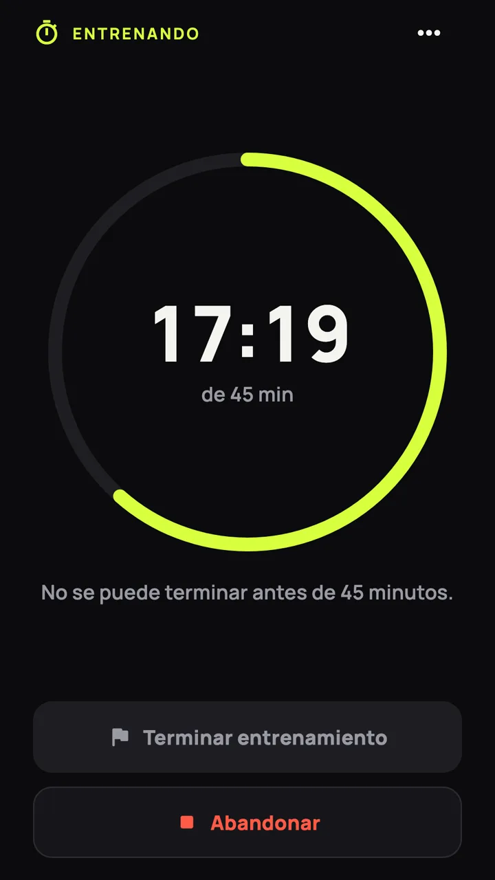 Pantalla de foko durante un entrenamiento: 17:19 de 45 minutos.